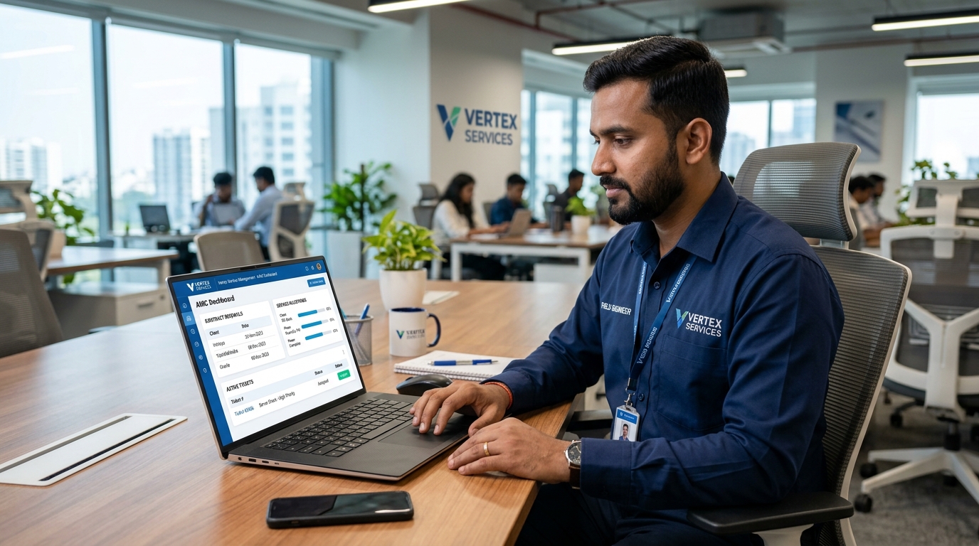 Field service maintenance engineer with laptop displaying JRC AMC contracts and milestone billing